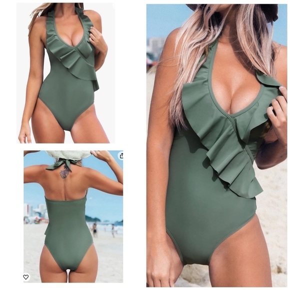 CUPSHE Women's One Piece Halter V Neck Ruffle Backless Swimsuit New‎ Large - Picture 4 of 8